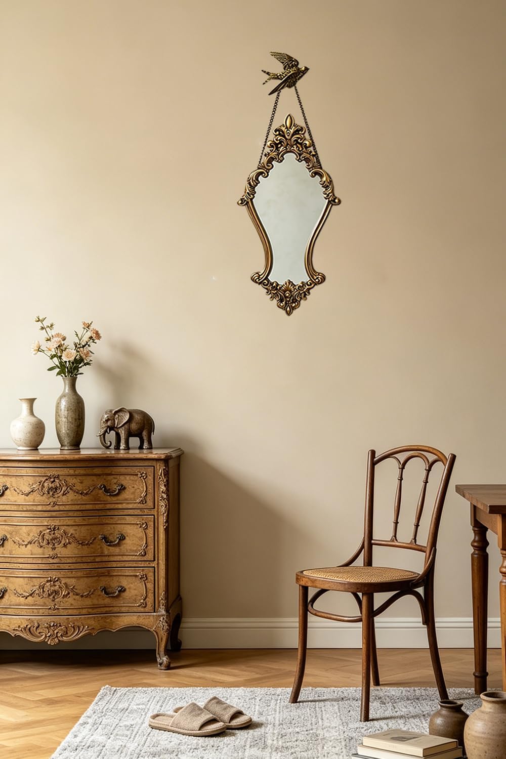 Antique Gold Baroque Wall Mirror With Hanging Chain