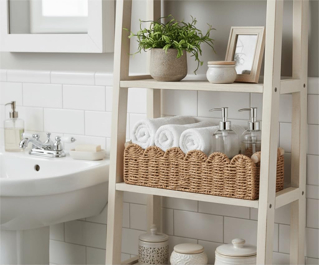 Scalloped Woven Paper Rope Storage Basket With Handles