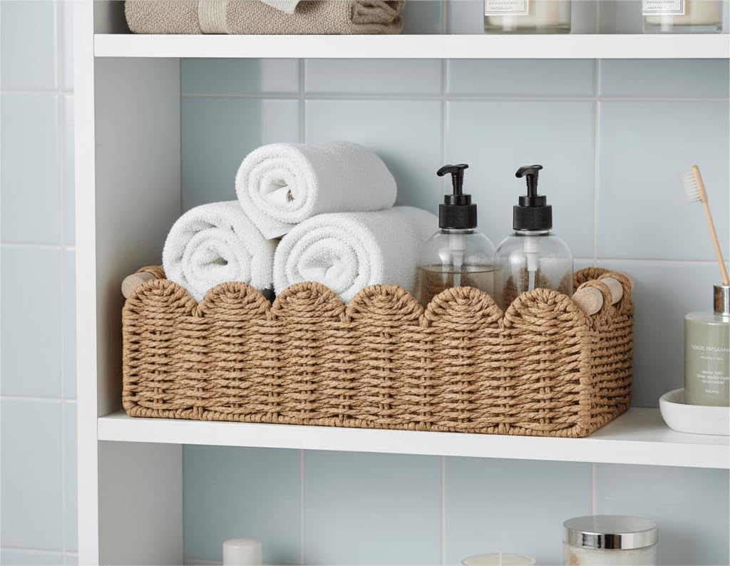 Scalloped Woven Paper Rope Storage Basket With Handles