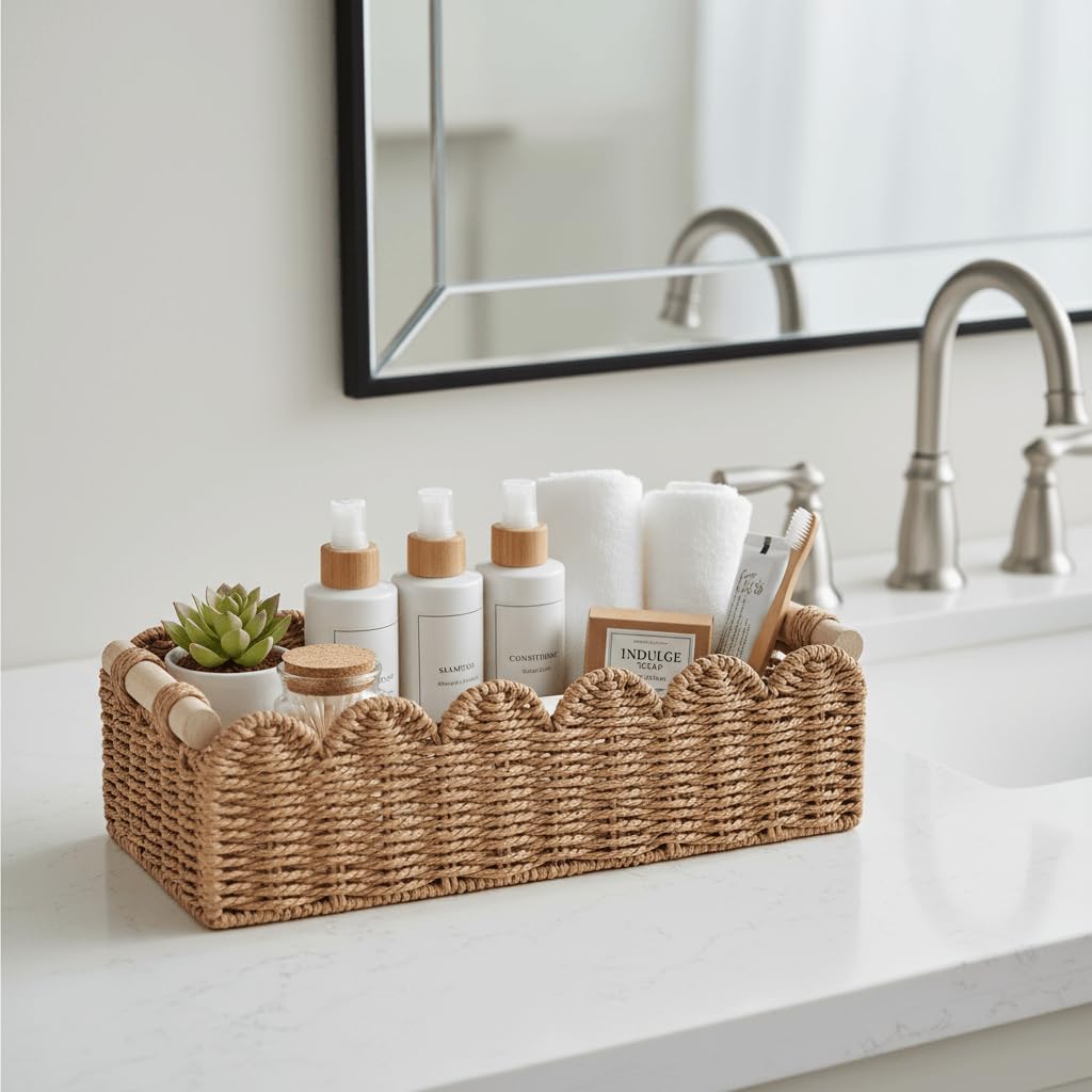 Scalloped Woven Paper Rope Storage Basket With Handles