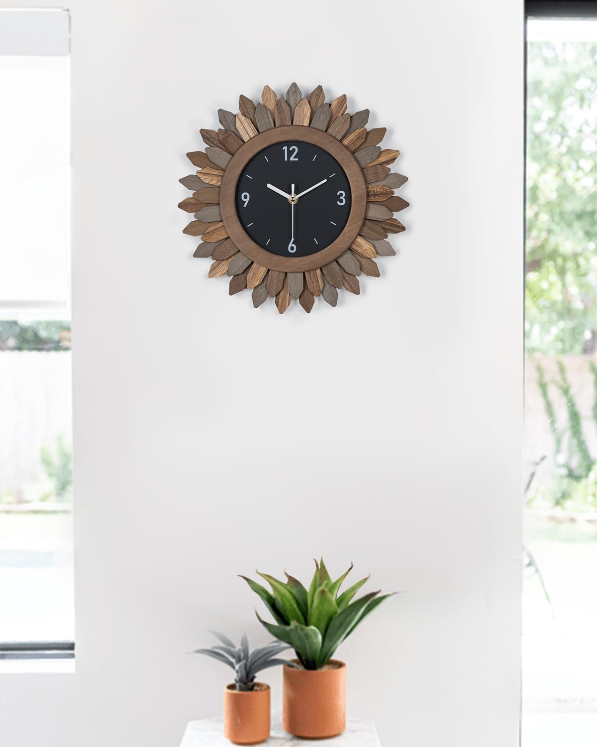 12-Inch Silent Boho Sunburst Wooden Wall Clock
