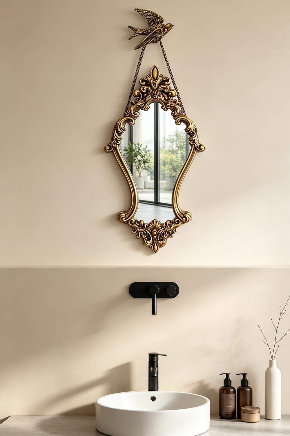 Antique Gold Baroque Wall Mirror With Hanging Chain