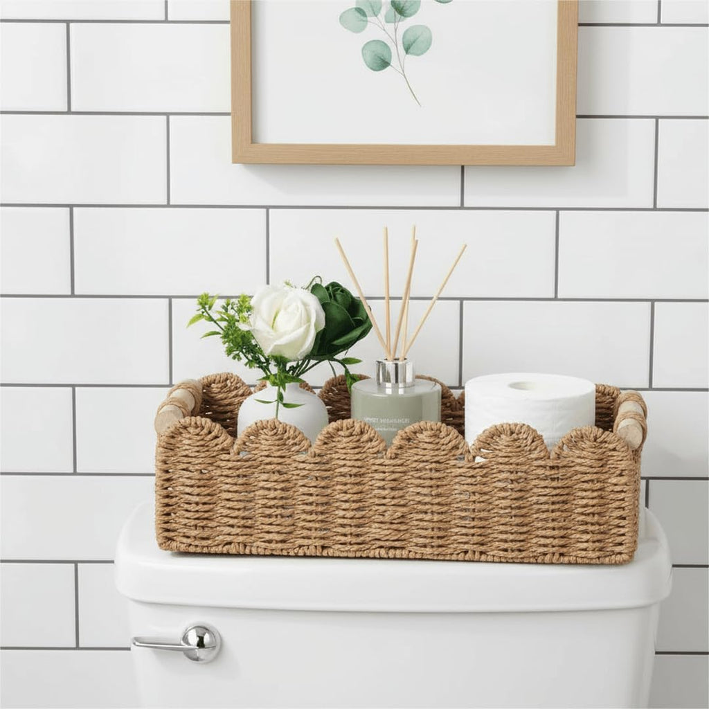 Scalloped Woven Paper Rope Storage Basket With Handles