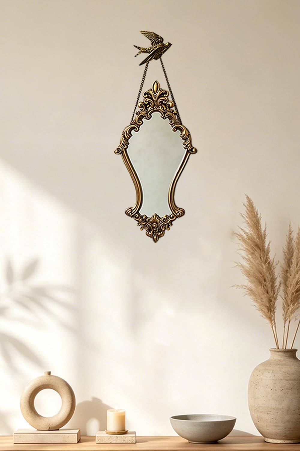 Antique Gold Baroque Wall Mirror With Hanging Chain