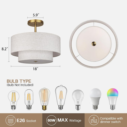 18-Inch Gold Double Drum Semi-Flush Ceiling Light