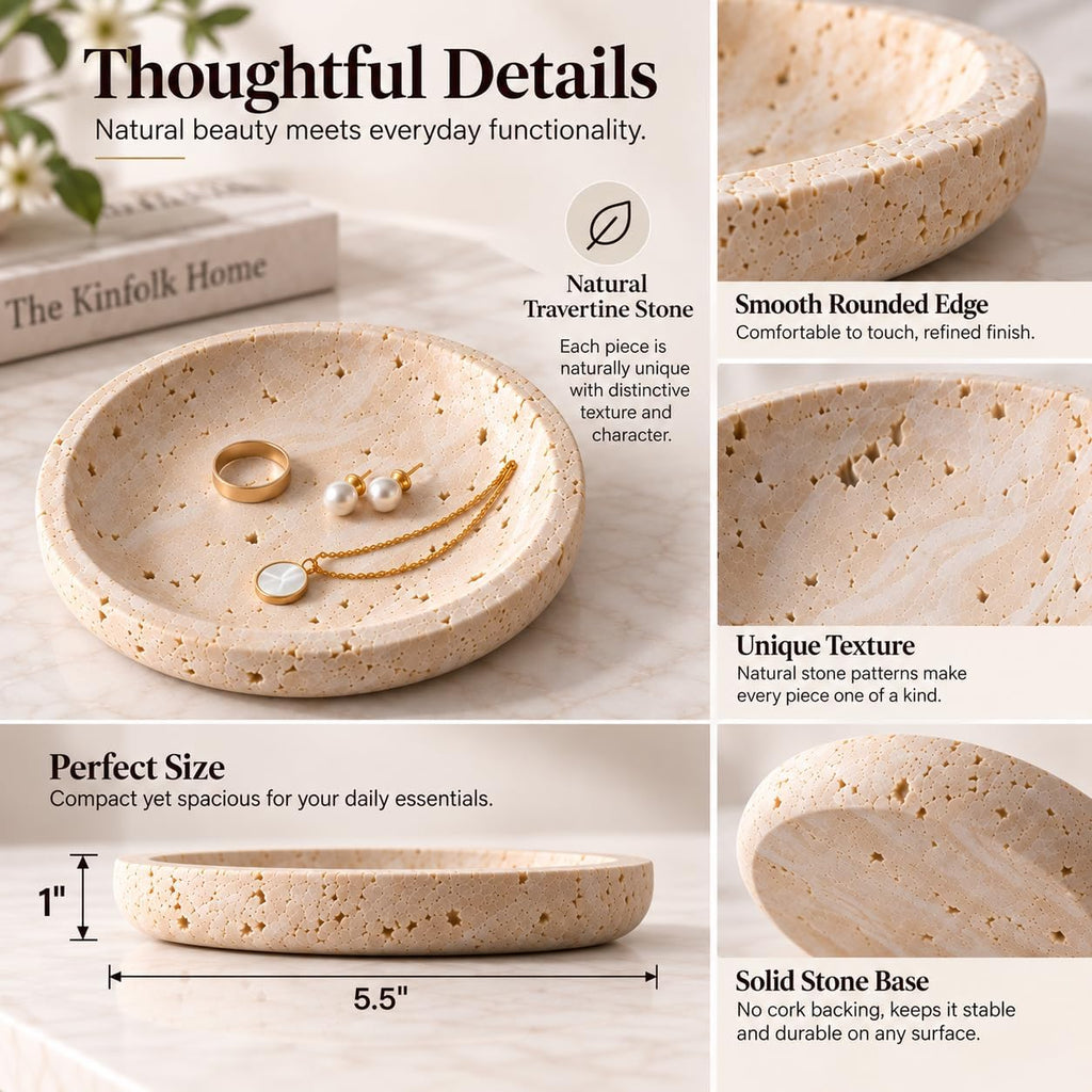 Natural Travertine Round Jewelry Dish and Trinket Tray