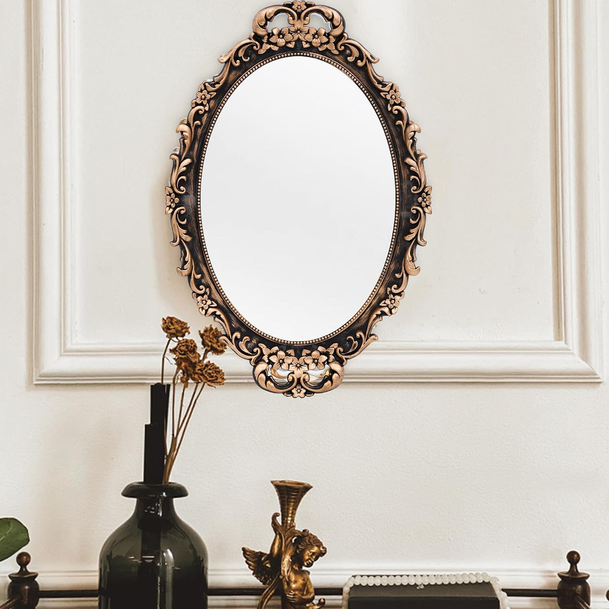 Vintage Bronze Oval Wall Mirror and Tabletop Tray