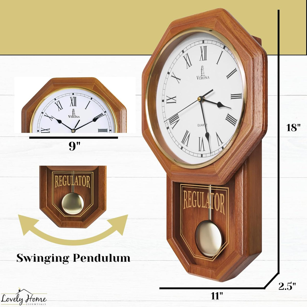 Wooden Schoolhouse Pendulum Wall Clock With Quiet Movement