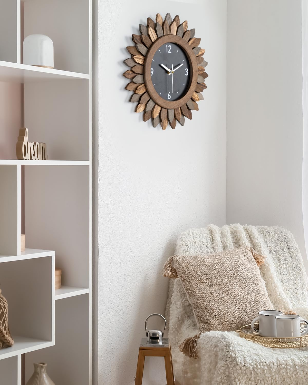 12-Inch Silent Boho Sunburst Wooden Wall Clock