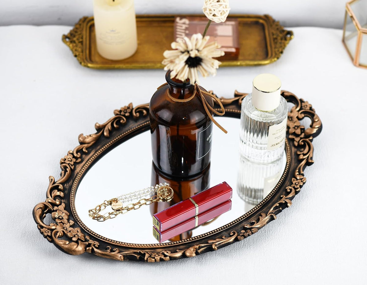 Vintage Bronze Oval Wall Mirror and Tabletop Tray