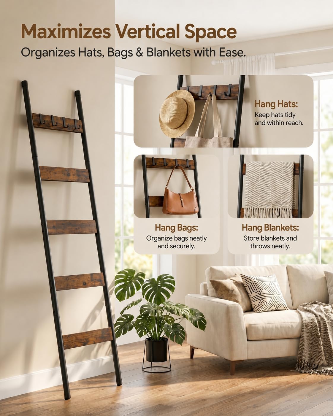 Five-Tier Blanket Ladder With Hooks for Decorative Storage