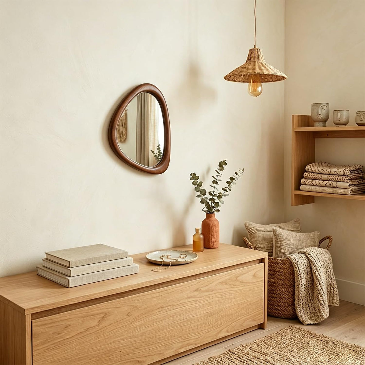 Asymmetrical Wooden Wall Mirror for Modern Home Decor