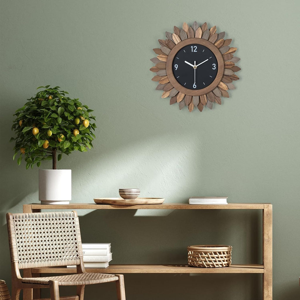 12-Inch Silent Boho Sunburst Wooden Wall Clock