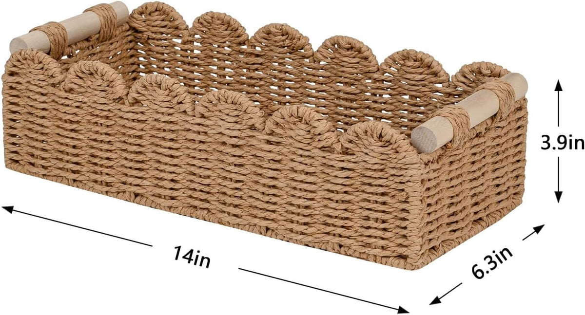 Scalloped Woven Paper Rope Storage Basket With Handles