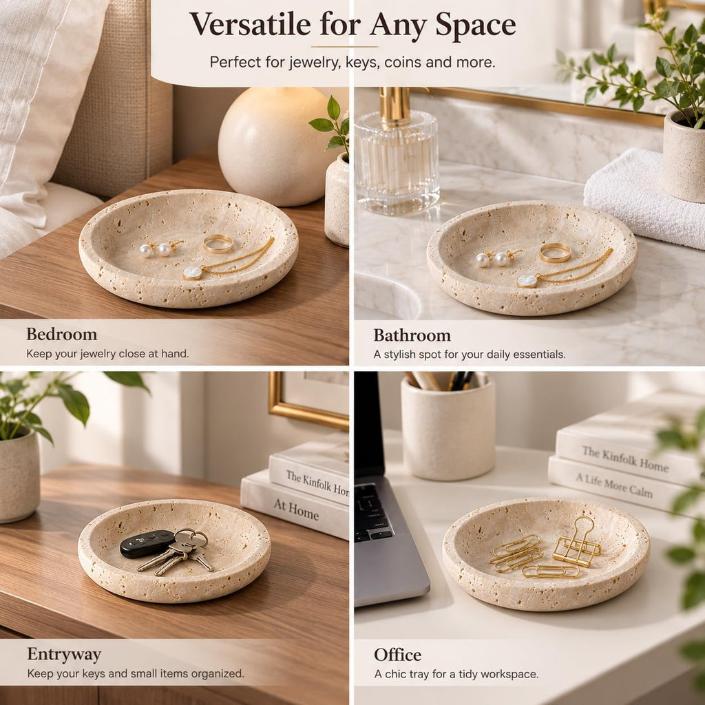 Natural Travertine Round Jewelry Dish and Trinket Tray