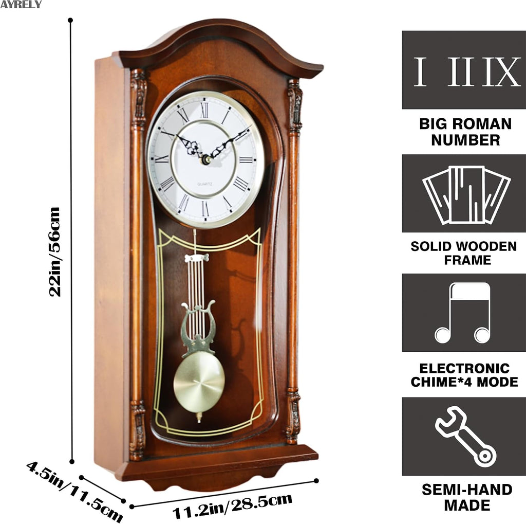 22-Inch Vintage Wooden Pendulum Wall Clock With Chime