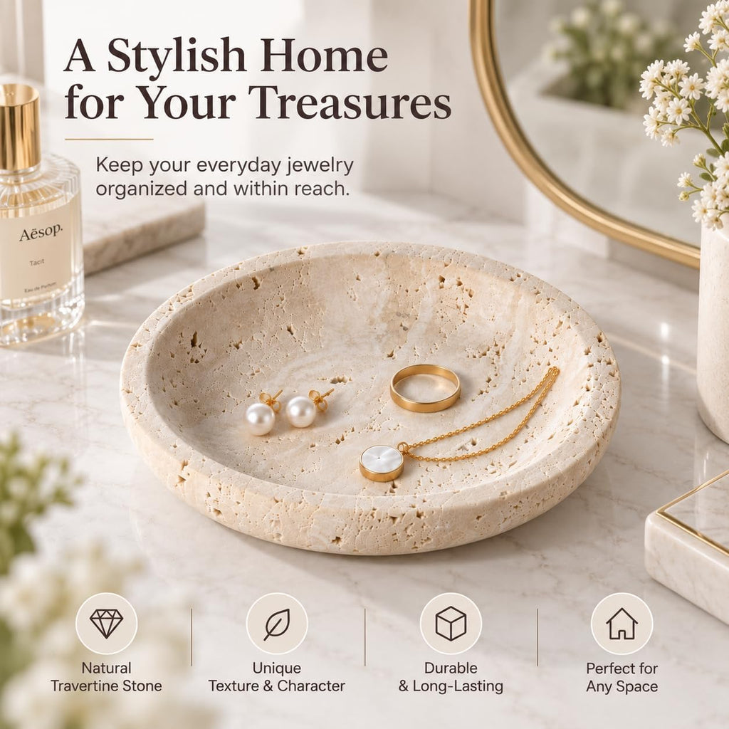 Natural Travertine Round Jewelry Dish and Trinket Tray