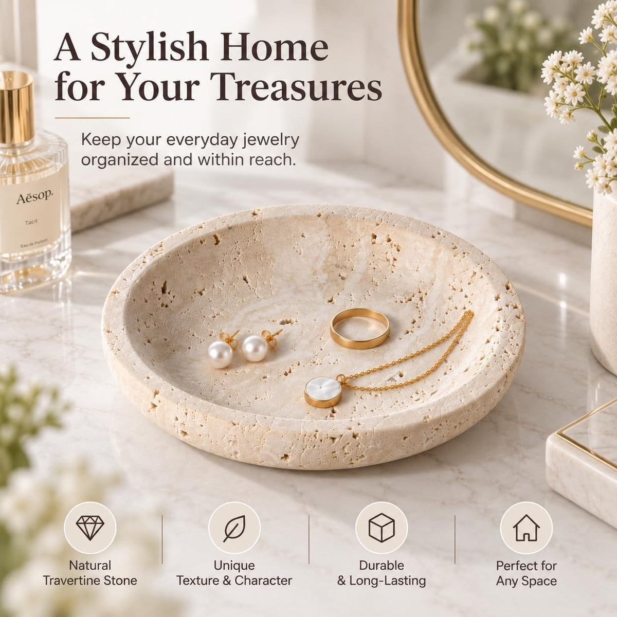 Natural Travertine Round Jewelry Dish and Trinket Tray