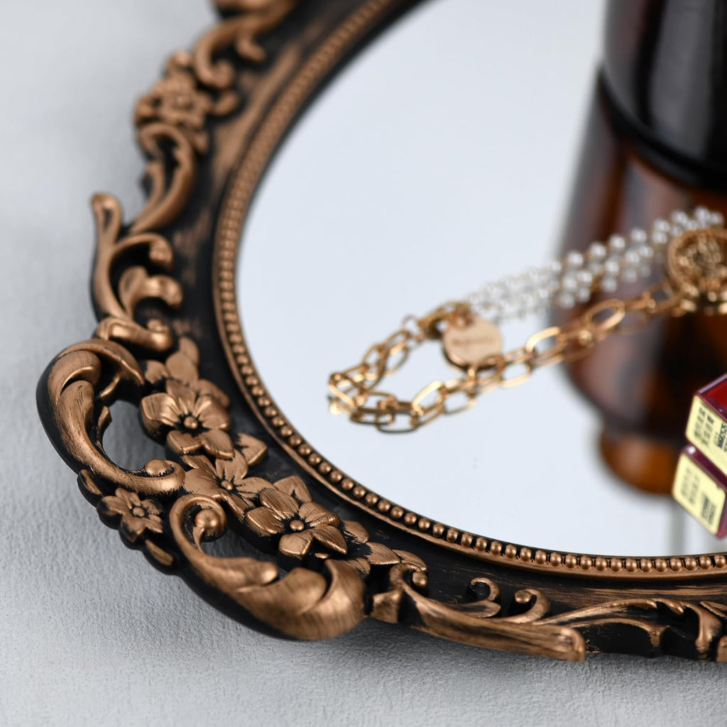 Vintage Bronze Oval Wall Mirror and Tabletop Tray
