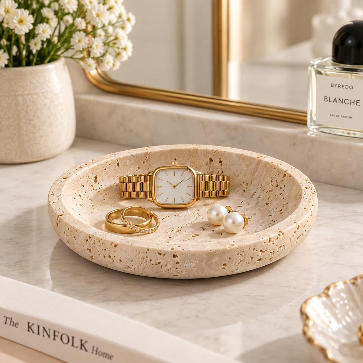 Natural Travertine Round Jewelry Dish and Trinket Tray
