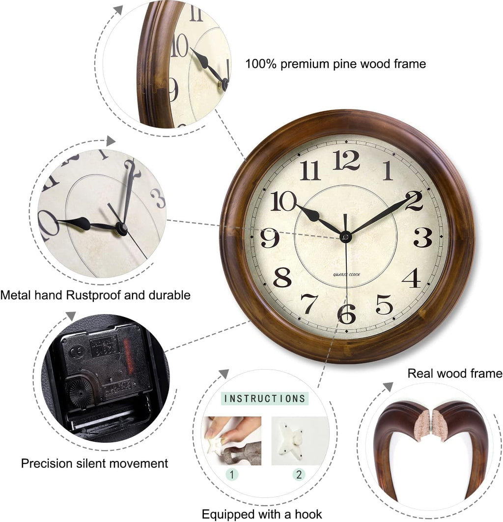 14-Inch Silent Wooden Wall Clock With Retro Design