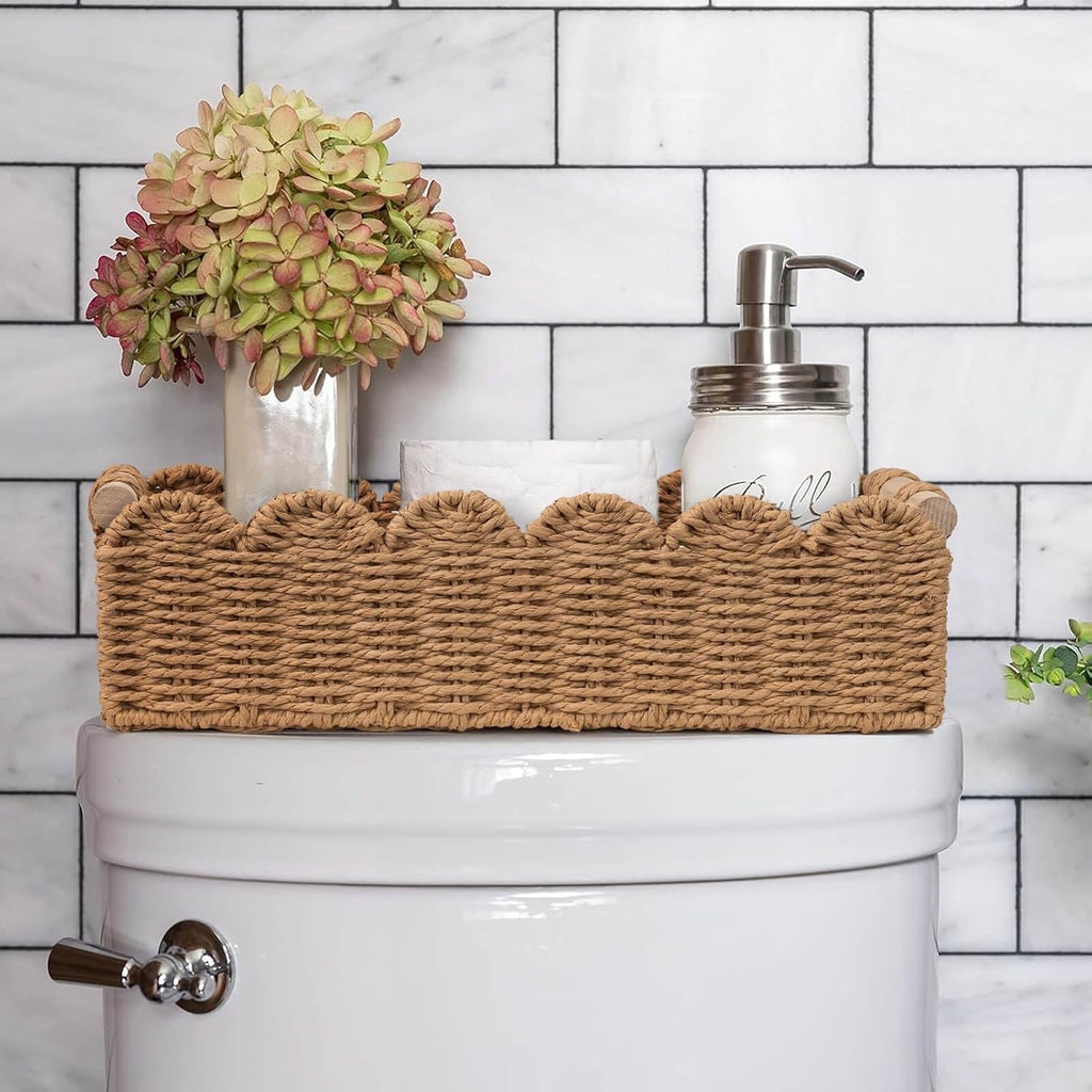 Scalloped Woven Paper Rope Storage Basket With Handles
