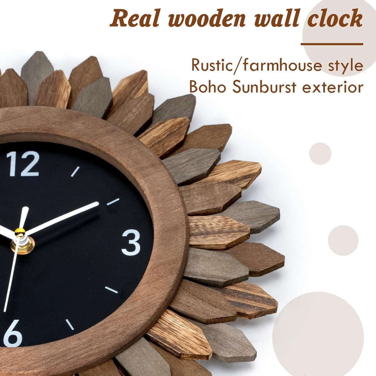 12-Inch Silent Boho Sunburst Wooden Wall Clock