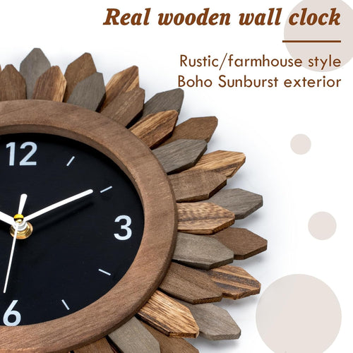 12-Inch Silent Boho Sunburst Wooden Wall Clock