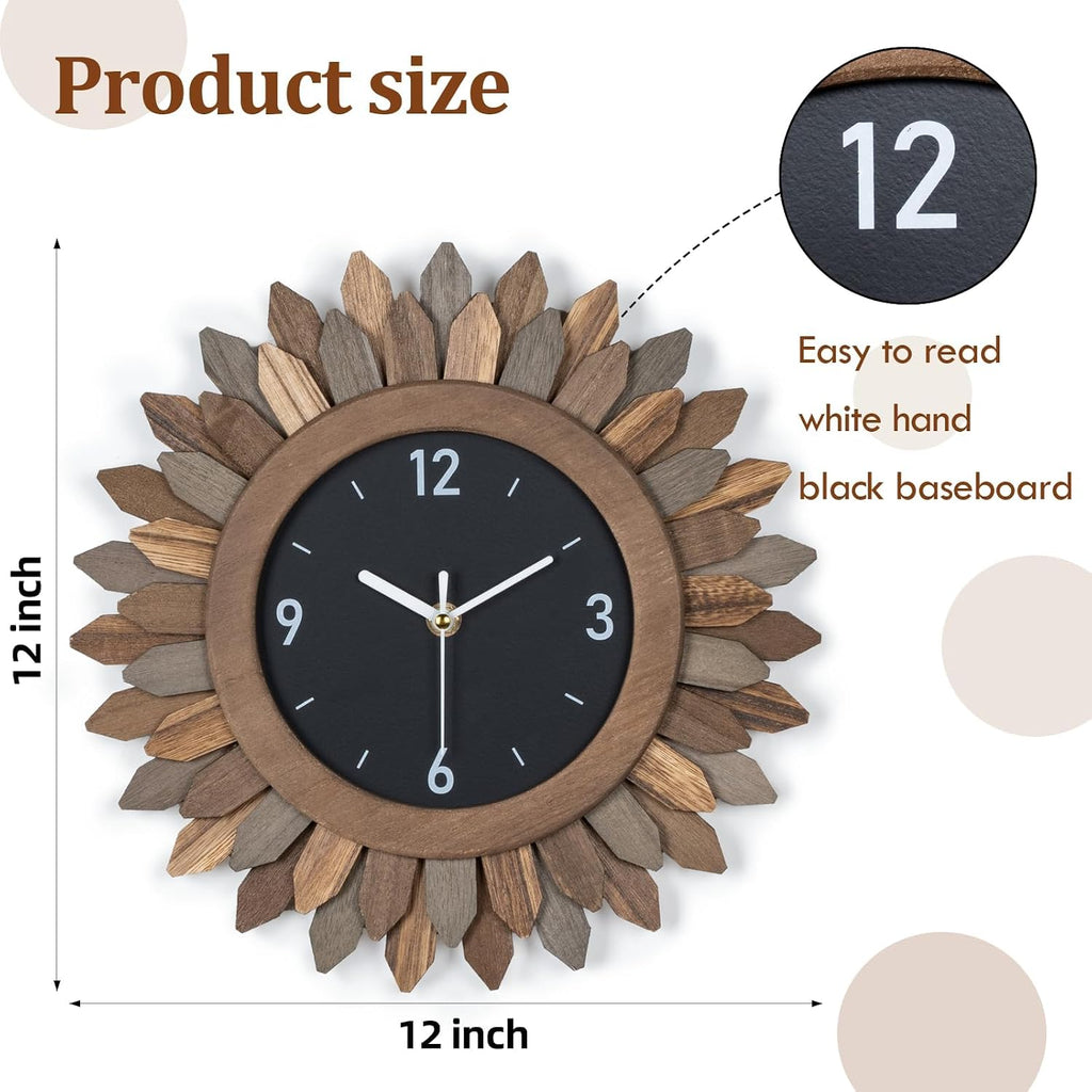 12-Inch Silent Boho Sunburst Wooden Wall Clock