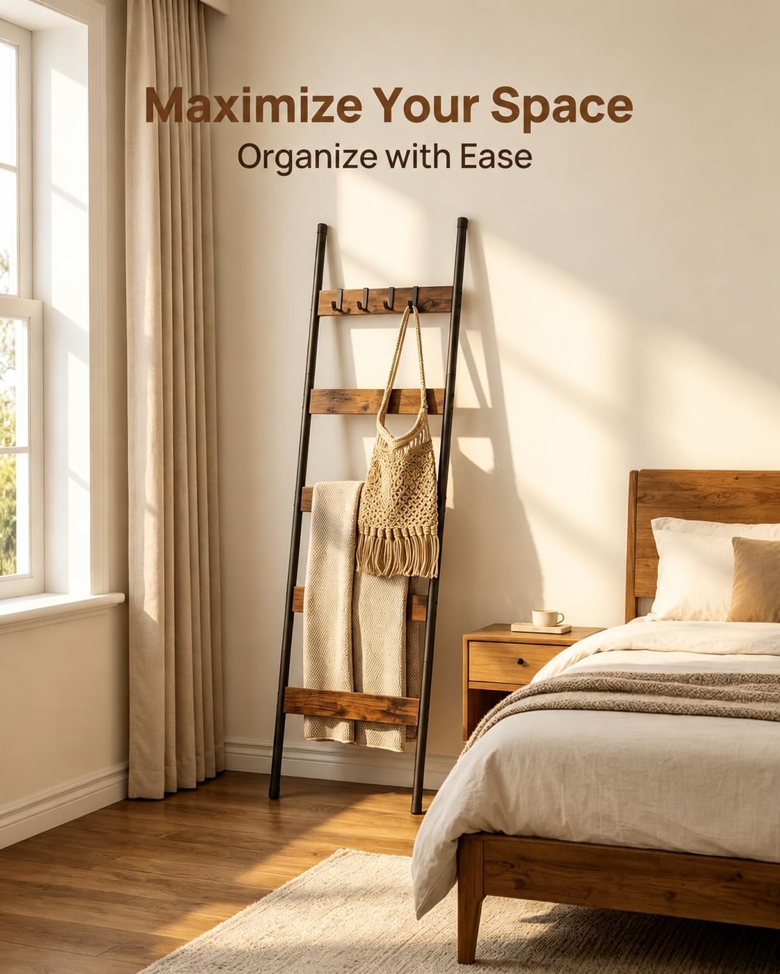 Five-Tier Blanket Ladder With Hooks for Decorative Storage