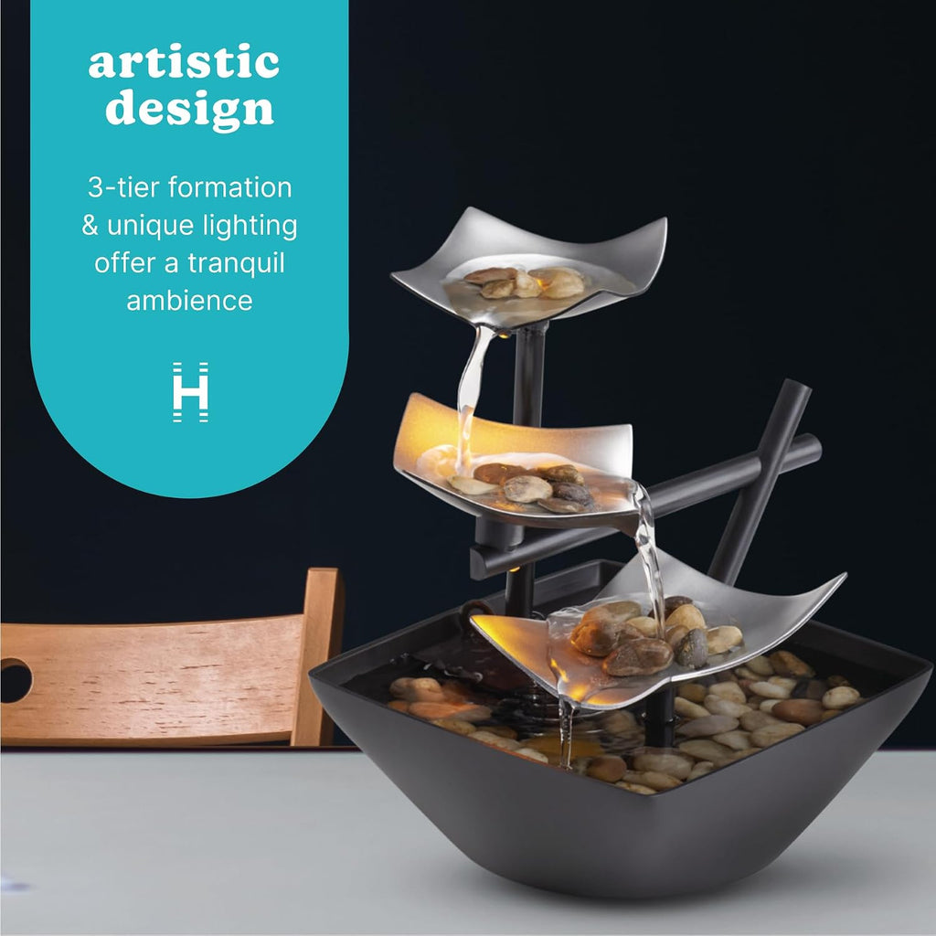 HoMedics Three-Tier Tabletop Water Fountain With River Rocks