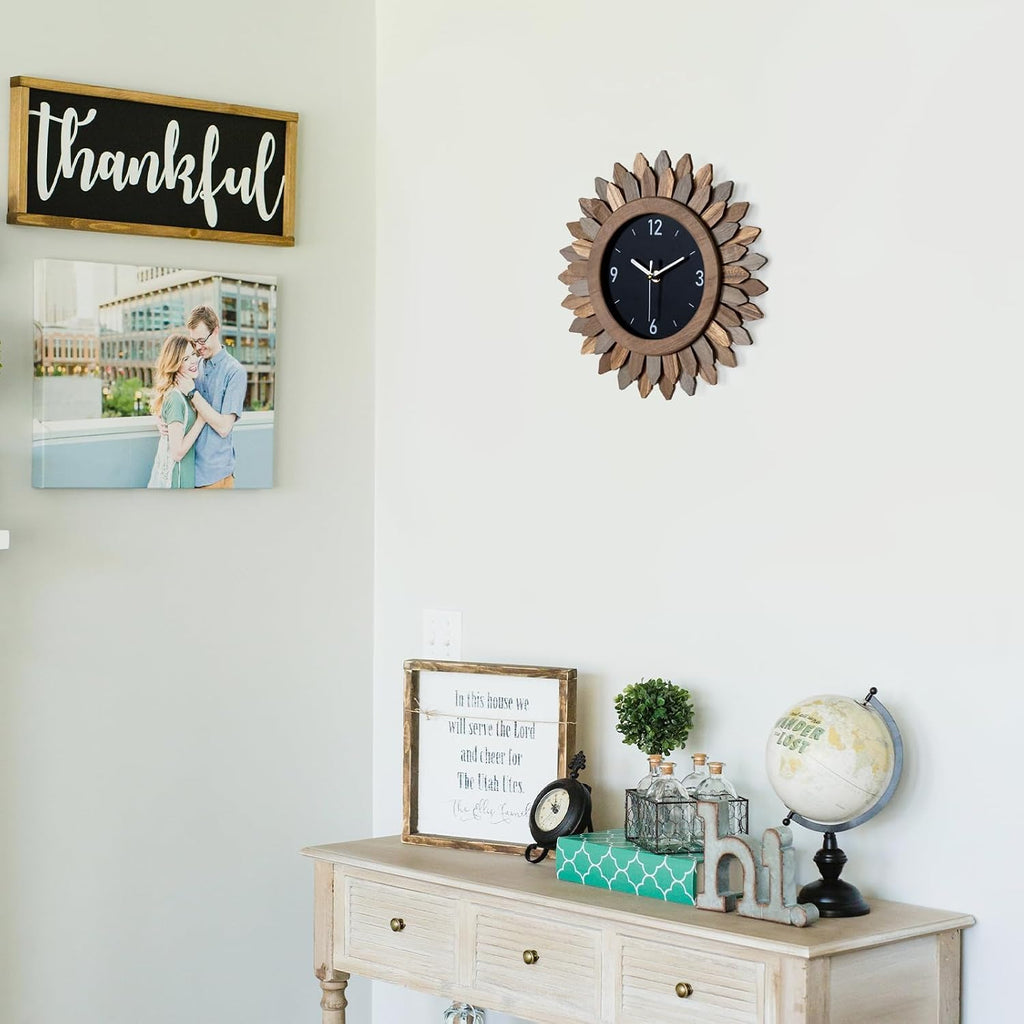 12-Inch Silent Boho Sunburst Wooden Wall Clock