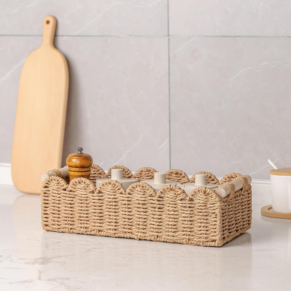 Scalloped Woven Paper Rope Storage Basket With Handles