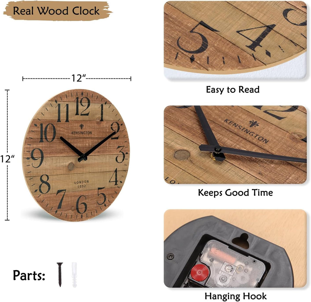 12-Inch Rustic Solid Wood Silent Farmhouse Wall Clock