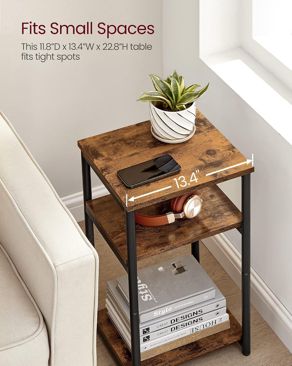 Industrial Three-Tier Side Table With Storage Shelves
