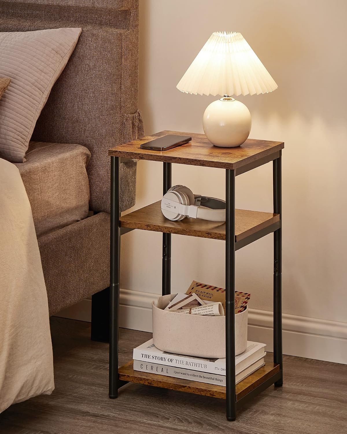 Industrial Three-Tier Side Table With Storage Shelves
