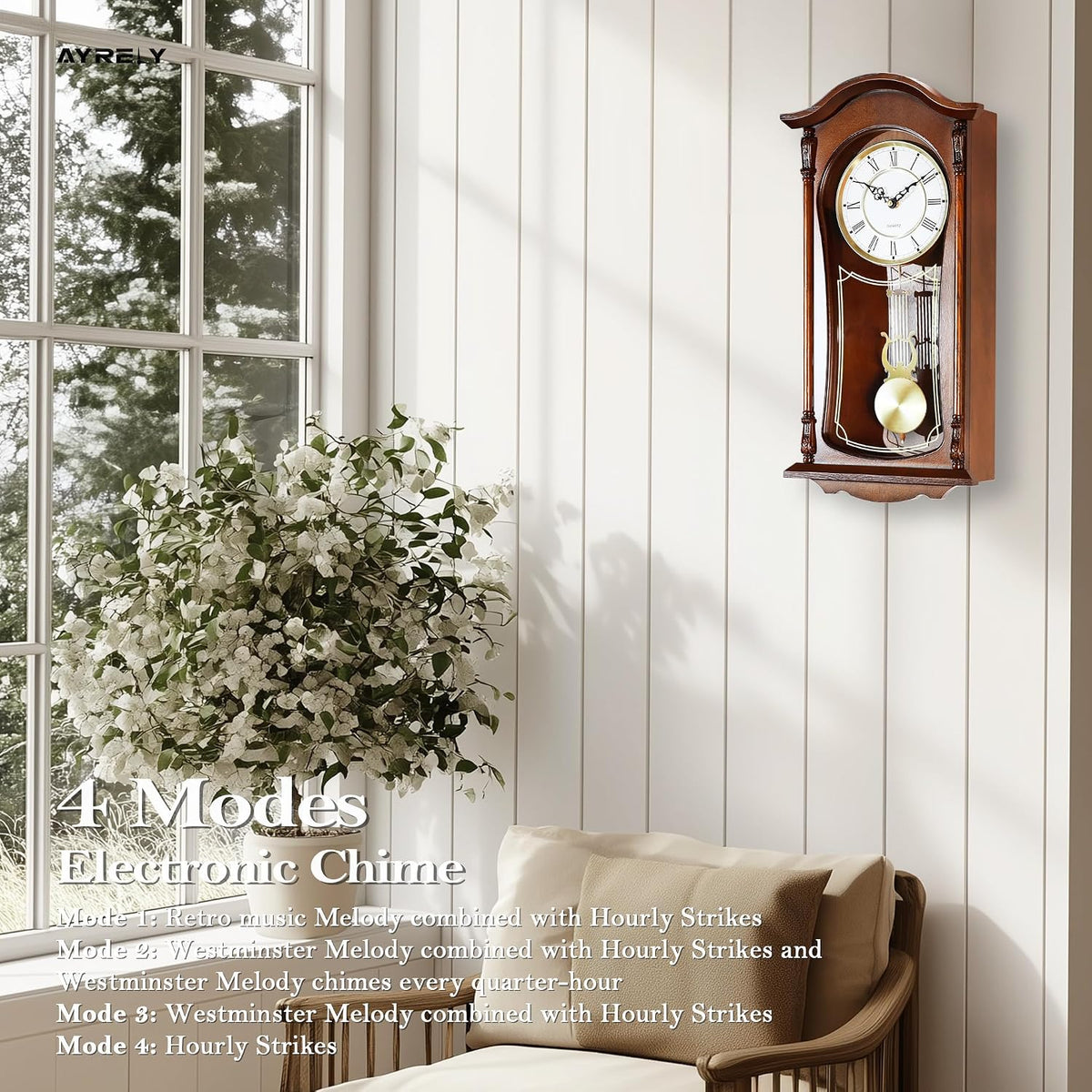 22-Inch Vintage Wooden Pendulum Wall Clock With Chime