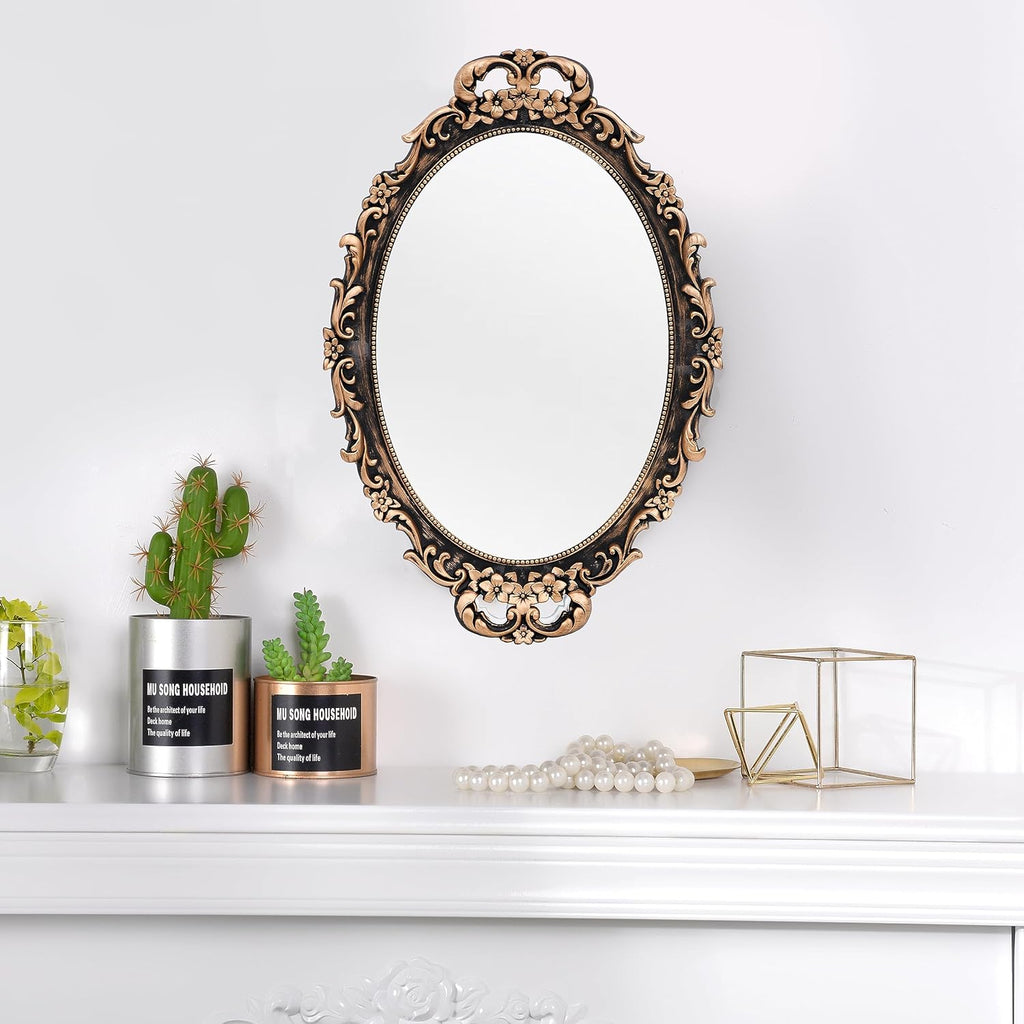 Vintage Bronze Oval Wall Mirror and Tabletop Tray