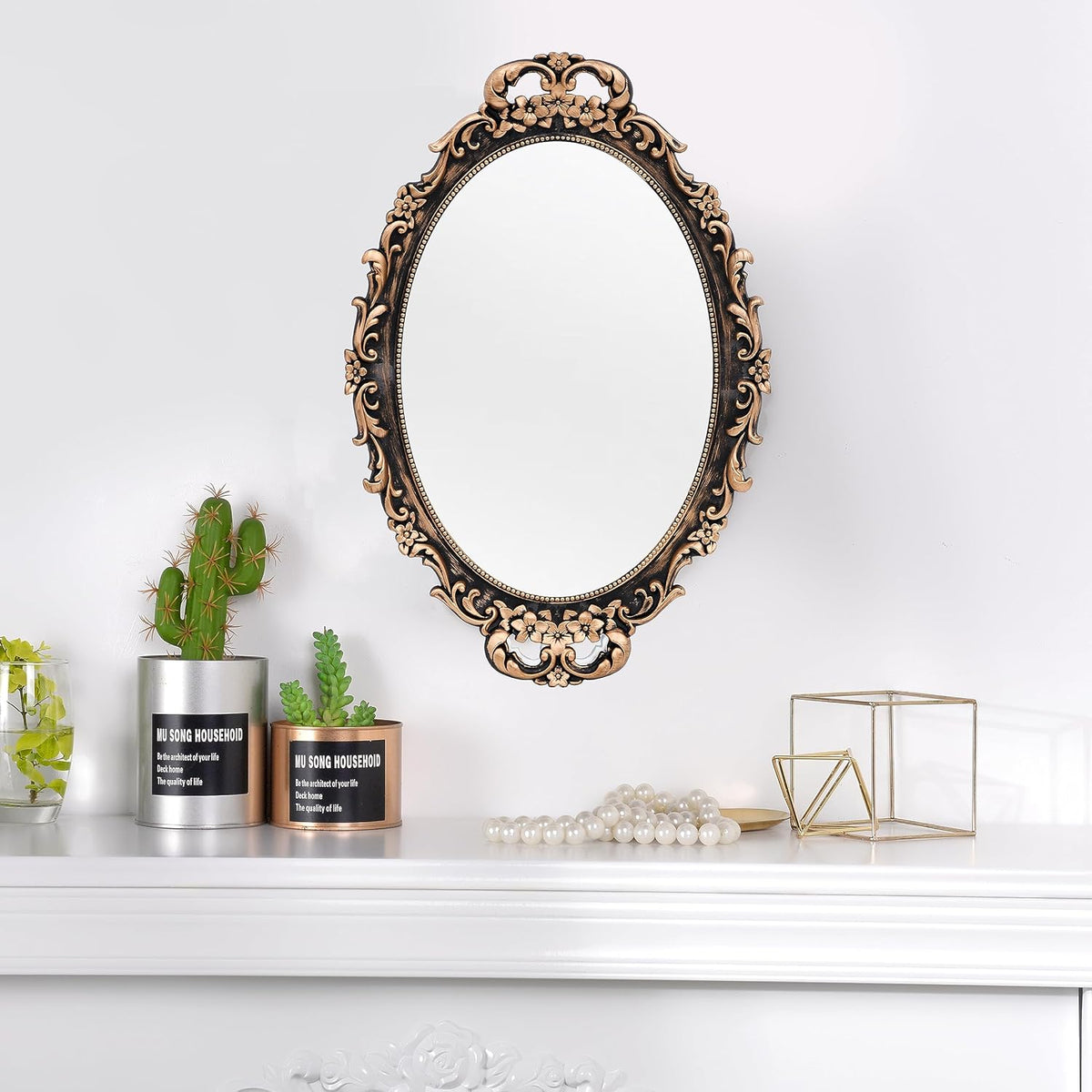 Vintage Bronze Oval Wall Mirror and Tabletop Tray