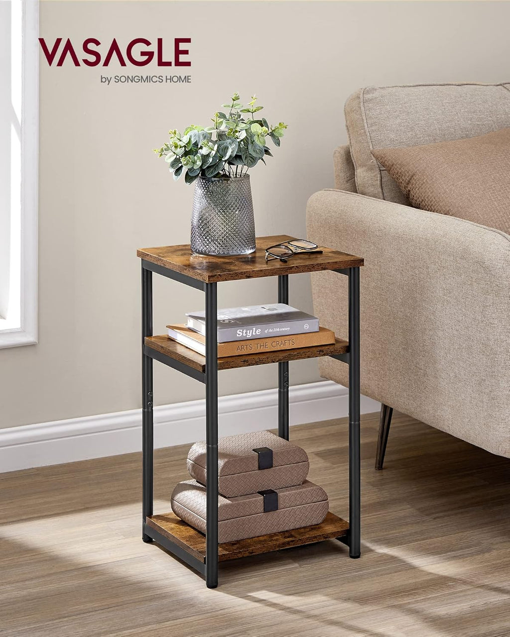 Industrial Three-Tier Side Table With Storage Shelves
