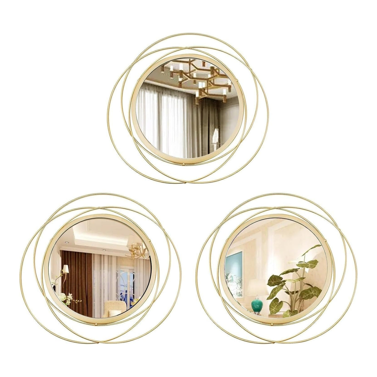 Set of 3 gold metal sunburst round wall mirrors