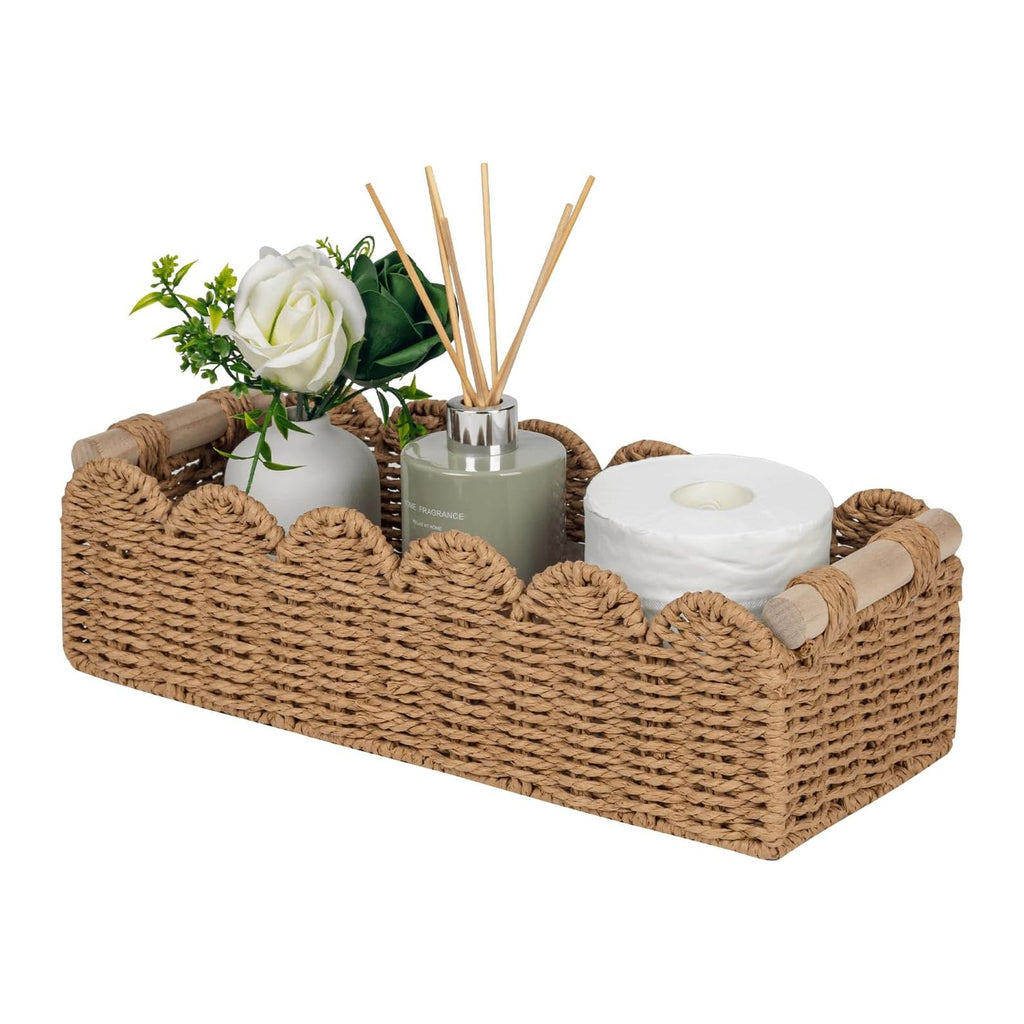 Scalloped paper rope storage basket with wooden handles