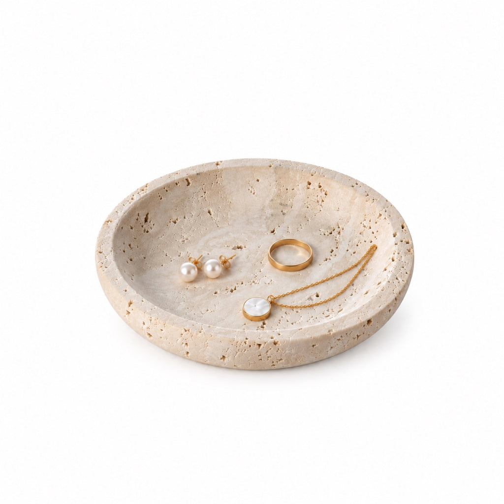Round natural travertine jewelry dish with rings